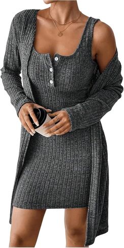 Floerns Women's Casual 2 Piece Outfits Henley Ribbed Knit Tank Bodycon Mini Dress Lightweight Cardigan Sweater Shrugs in Saudi Arabia