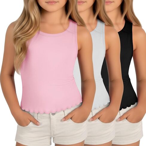 3 Pack Girls Tank Tops Sleeveless Shirt Crew Neck Lettuce Trim Undershirt Summer Casual Basic Tops for Kids 5-14 in Kuwait