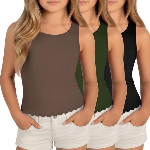 3 حزمة الفتيات تانك القمم قميص بدون أكمام طاقم الرقبة الخس تقليم قميص الصيف عادية الأساسية القمم للأطفال 5-14 in Kuwait