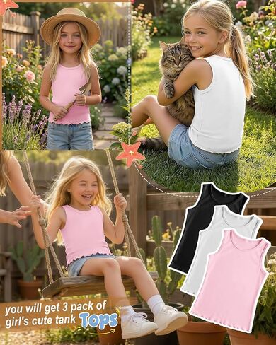 3 Pack Girls Tank Tops Sleeveless Shirt Crew Neck Lettuce Trim Undershirt Summer Casual Basic Tops for Kids 5-14 in Kuwait