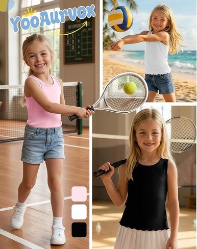 3 Pack Girls Tank Tops Sleeveless Shirt Crew Neck Lettuce Trim Undershirt Summer Casual Basic Tops for Kids 5-14 in Kuwait