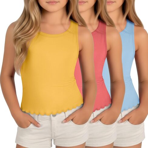 3 Pack Girls Tank Tops Sleeveless Shirt Crew Neck Lettuce Trim Undershirt Summer Casual Basic Tops for Kids 5-14 in Kuwait