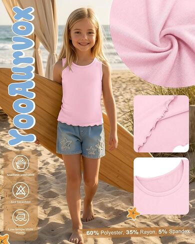 3 Pack Girls Tank Tops Sleeveless Shirt Crew Neck Lettuce Trim Undershirt Summer Casual Basic Tops for Kids 5-14 in Kuwait