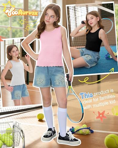 3 Pack Girls Tank Tops Sleeveless Shirt Crew Neck Lettuce Trim Undershirt Summer Casual Basic Tops for Kids 5-14 in Kuwait