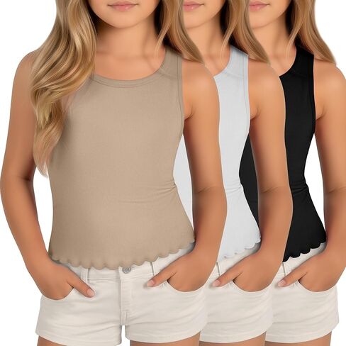 3 Pack Girls Tank Tops Sleeveless Shirt Crew Neck Lettuce Trim Undershirt Summer Casual Basic Tops for Kids 5-14 in Kuwait