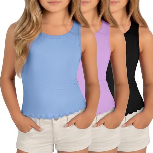 3 Pack Girls Tank Tops Sleeveless Shirt Crew Neck Lettuce Trim Undershirt Summer Casual Basic Tops for Kids 5-14 in Kuwait