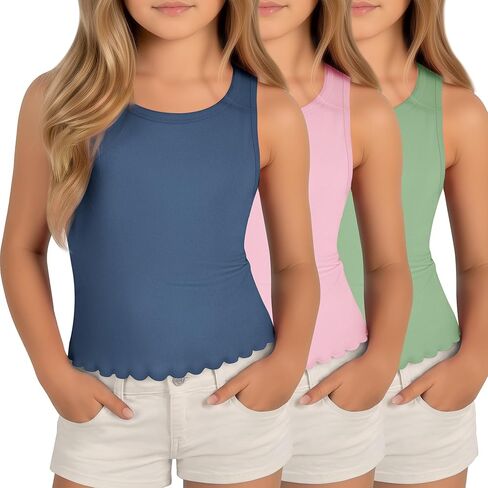 3 Pack Girls Tank Tops Sleeveless Shirt Crew Neck Lettuce Trim Undershirt Summer Casual Basic Tops for Kids 5-14 in Kuwait