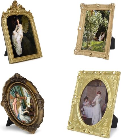 إطارات صور كلاسيكية عتيقة، إطارات صور من الخشب الصلب ذات طراز عتيق، مجموعة إطارات صور عتيقة مكونة من 4 مقاس 4 × 6 و5 × 7 على الحائط وسطح الطاولة لديكور المنزل in Kuwait