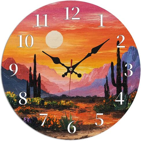 Vibrant Desert Cactus Sunset Wall Clock, 10 Inch Silent Non-Ticking Decorative Clock, Colorful Southwest Decor for Living Room Study in Saudi Arabia