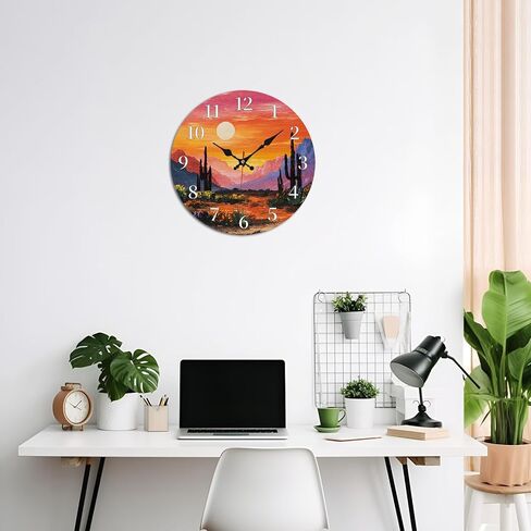Vibrant Desert Cactus Sunset Wall Clock, 10 Inch Silent Non-Ticking Decorative Clock, Colorful Southwest Decor for Living Room Study in Saudi Arabia