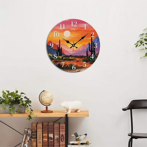 Vibrant Desert Cactus Sunset Wall Clock, 10 Inch Silent Non-Ticking Decorative Clock, Colorful Southwest Decor for Living Room Study in Saudi Arabia