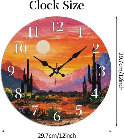 Vibrant Desert Cactus Sunset Wall Clock, 10 Inch Silent Non-Ticking Decorative Clock, Colorful Southwest Decor for Living Room Study in Saudi Arabia