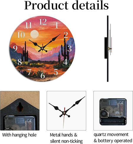 Vibrant Desert Cactus Sunset Wall Clock, 10 Inch Silent Non-Ticking Decorative Clock, Colorful Southwest Decor for Living Room Study in Saudi Arabia