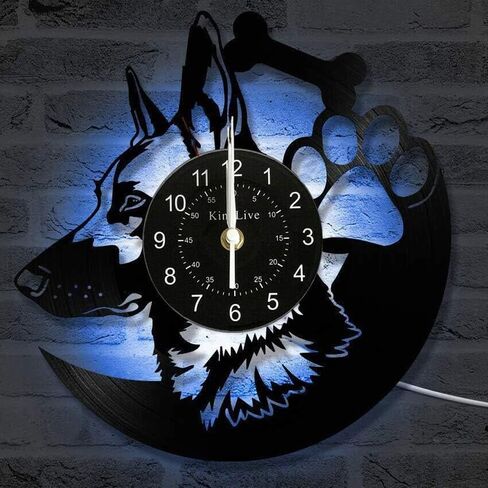 الراعي الألماني الكلب ثلاثية الأبعاد LED مسجل فينيل ساعة حائط 12 بوصة ساعة حائط المنزل غرفة حديثة جدار ديكور فني الفن الحيوان (مع LED) in Kuwait