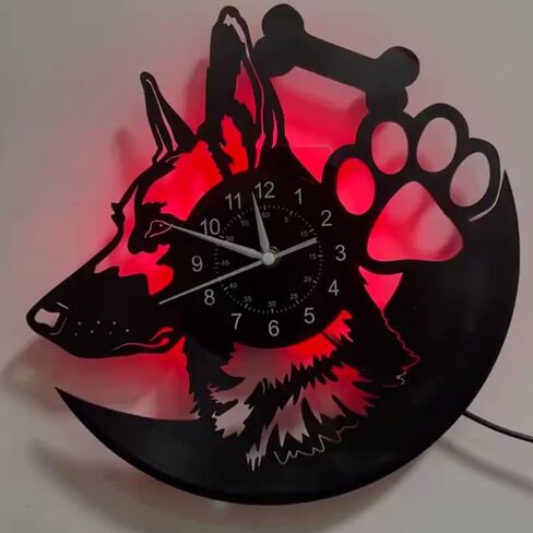 الراعي الألماني الكلب ثلاثية الأبعاد LED مسجل فينيل ساعة حائط 12 بوصة ساعة حائط المنزل غرفة حديثة جدار ديكور فني الفن الحيوان (مع LED) in Kuwait