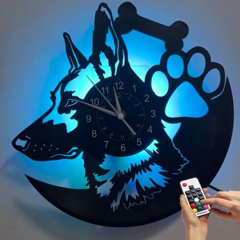 الراعي الألماني الكلب ثلاثية الأبعاد LED مسجل فينيل ساعة حائط 12 بوصة ساعة حائط المنزل غرفة حديثة جدار ديكور فني الفن الحيوان (مع LED) in Kuwait