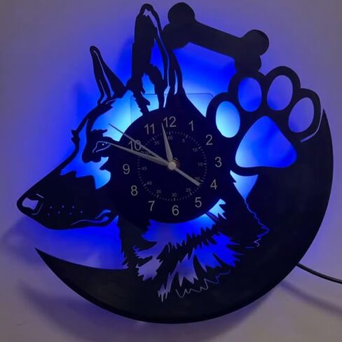الراعي الألماني الكلب ثلاثية الأبعاد LED مسجل فينيل ساعة حائط 12 بوصة ساعة حائط المنزل غرفة حديثة جدار ديكور فني الفن الحيوان (مع LED) in Kuwait