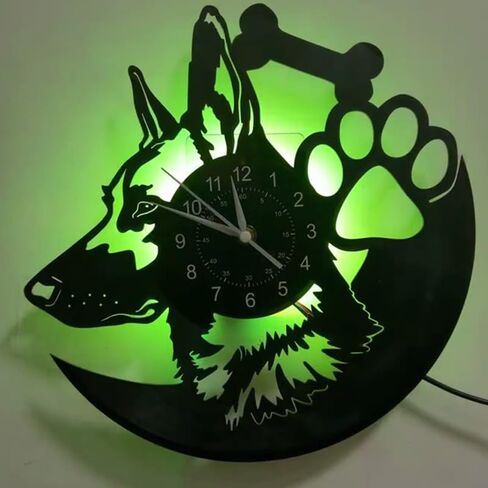 الراعي الألماني الكلب ثلاثية الأبعاد LED مسجل فينيل ساعة حائط 12 بوصة ساعة حائط المنزل غرفة حديثة جدار ديكور فني الفن الحيوان (مع LED) in Kuwait