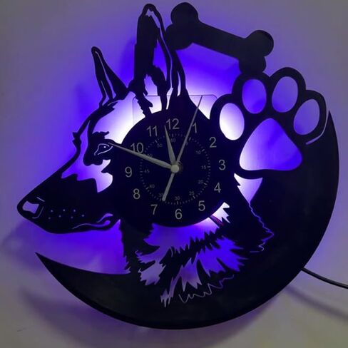 الراعي الألماني الكلب ثلاثية الأبعاد LED مسجل فينيل ساعة حائط 12 بوصة ساعة حائط المنزل غرفة حديثة جدار ديكور فني الفن الحيوان (مع LED) in Kuwait