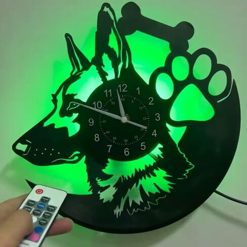 الراعي الألماني الكلب ثلاثية الأبعاد LED مسجل فينيل ساعة حائط 12 بوصة ساعة حائط المنزل غرفة حديثة جدار ديكور فني الفن الحيوان (مع LED) in Kuwait
