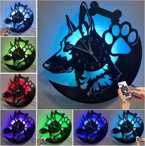 الراعي الألماني الكلب ثلاثية الأبعاد LED مسجل فينيل ساعة حائط 12 بوصة ساعة حائط المنزل غرفة حديثة جدار ديكور فني الفن الحيوان (مع LED) in Kuwait