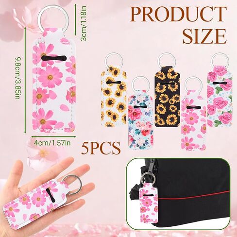 5Pcs Floral Lip Balm Holder Keychain, Cute Cottagecore Spring Fresh Lip Gloss Sleeve Pouch for Women, Bulk Assorted Lipstick Holder Keychain Backpack Purse Accessories (5 Floral Designs) in Kuwait