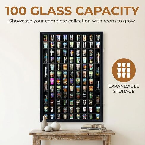 100 Shot Glass Display Case Holder Shadow Box Wall Cabinet, with Acrylic Door (Black Finish) in Kuwait