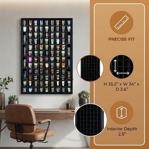 100 Shot Glass Display Case Holder Shadow Box Wall Cabinet, with Acrylic Door (Black Finish) in Kuwait