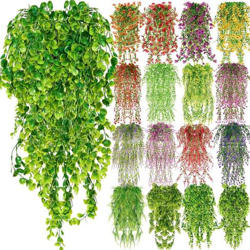 Hoteam 32 Pcs Artificial Faux Hanging Flowers Fake Hanging Plants Vines Plastic Wall Greenery Indoor Fake Flowers Vines for Home Bedroom Living Aesthetic Kitchen Office Wall Patio (Rustic Style) in Saudi Arabia