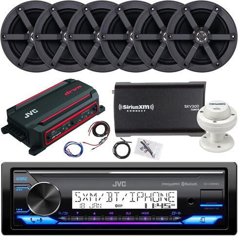 JVC Single DIN in-Dash Marine Bluetooth USB/AUX CD Stereo Receiver, 6X 6.5 100 Watt Peak Power Black Speakers, 600 Watt 4-Channel Amplifier w/Wiring Kit, Satellite Tuner with Antenna in Saudi Arabia