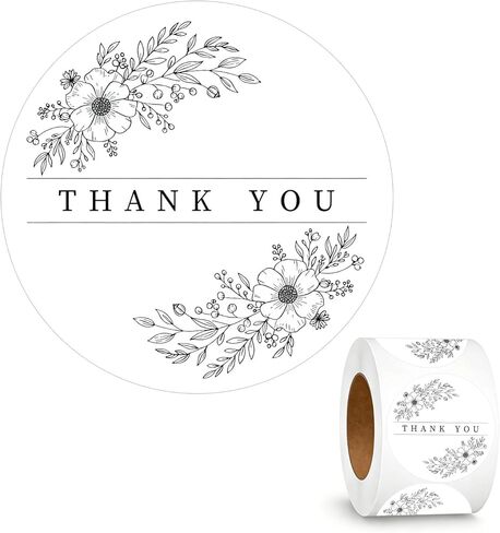 500 قطعة من ملصقات شكرًا لك، مقاس 1.5 بوصة باللونين الأبيض والأسود بنمط الأزهار، ملصقات شكرًا للأعمال الصغيرة، والتعبئة، وأختام الأظرف، والمخبوزات، ومفضلات الزفاف in Kuwait