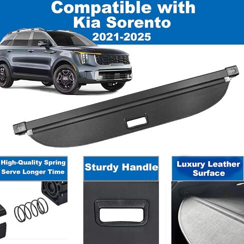 غطاء كارجو لملحقات كيا سورينتو 2025 2024 2023 2022 2021، غطاء صندوق السيارة قابل للسحب من الجلد يناسب 2021-2025 ملحقات كيا سورينتو وشاشة خصوصية الأمتعة in Kuwait