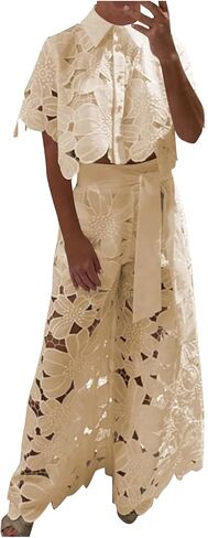 Women's Eyelet Lace Two Piece Outfits Floral Embroidery Shirts Short Sleeve Blouse Tops Wide Leg Pants Matching Sets in Kuwait