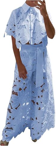 Women's Eyelet Lace Two Piece Outfits Floral Embroidery Shirts Short Sleeve Blouse Tops Wide Leg Pants Matching Sets in Saudi Arabia