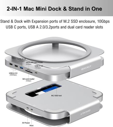 Mac Mini Dock and Stand, USB C Hub with SSD Enclosure for NVME/SATA M.2, 4K HDMI Adapter 10Gbps USB A/C Port, TF/SD Card Reader, Mac Mini Hub for Mac Mini M1/ M2 and Mac Studio | Accessories in Kuwait