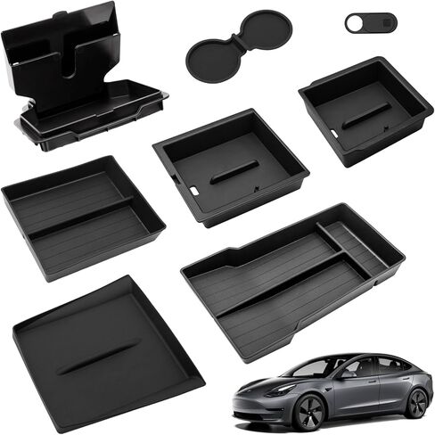 8 قطع صينية تنظيم وحدة التحكم المركزية لعام 2024 2025 طراز تسلا 3 ملحقات، مسند الذراع صندوق تخزين مخفي حامل أكواب وسادة شاحن لطراز تسلا 3 هايلاند in Kuwait