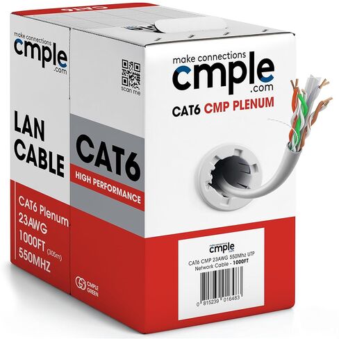 Cmple - Cat6 Plenum Ethernet Cable 1000ft, Cat 6 Cable (CMP) 550MHz Unshielded Twisted Pair (UTP) 10 Gigabit Solid Network Cable, Bulk Ethernet Cable - Black in Kuwait