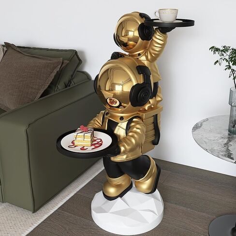 suruim Large Astronaut Statue, Astronaut Floor Sculpture with Dual Trays - Gold Astronaut Figurine Decor, Floor Statues for Home Decor, Modern Sculptures Home Decor for Living Room Office in Kuwait