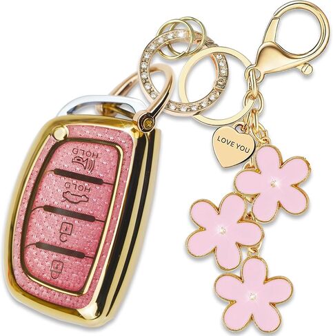 Pink TPU Key Fob Cover with Sakura Flower Keychain Compatible with Hyundai Tucson Santa Fe Santa Fe Sport Sonata Sonata Sport Elantra GT Elantra Ioniq 4-Button Smart Key for Women in Saudi Arabia