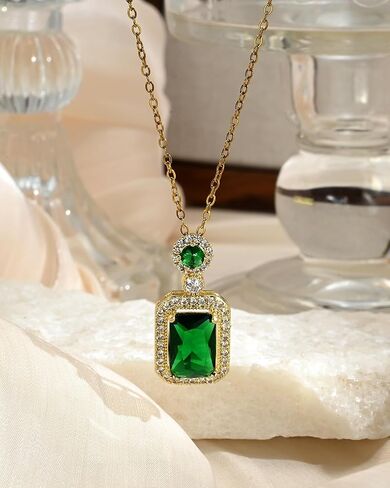 14k Gold Plated Emerald Green Crystal Round and Square Pendant Necklace May Birthstone Cubic Zirconia Adjustable Thin Necklace Chain for Women in Kuwait