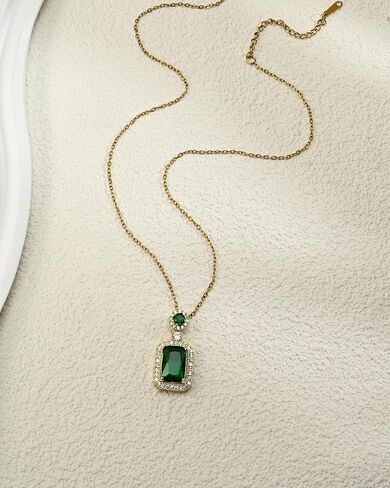 14k Gold Plated Emerald Green Crystal Round and Square Pendant Necklace May Birthstone Cubic Zirconia Adjustable Thin Necklace Chain for Women in Kuwait