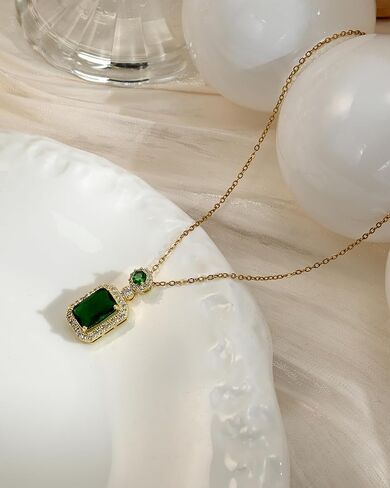 14k Gold Plated Emerald Green Crystal Round and Square Pendant Necklace May Birthstone Cubic Zirconia Adjustable Thin Necklace Chain for Women in Kuwait