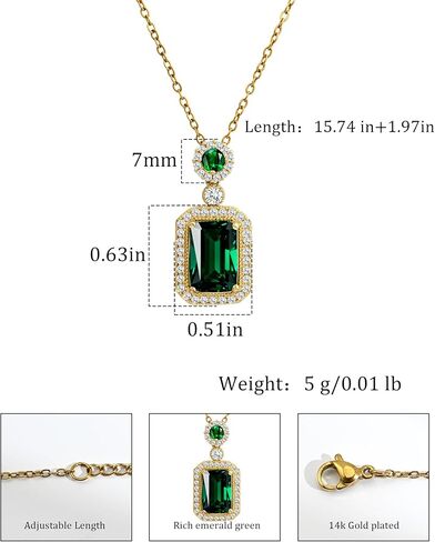 14k Gold Plated Emerald Green Crystal Round and Square Pendant Necklace May Birthstone Cubic Zirconia Adjustable Thin Necklace Chain for Women in Kuwait