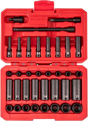 TEKTON 1/4 بوصة مجموعة مقابس الصدمات الضحلة والعميقة ذات 12 نقطة مع حافظة، 61 قطعة (5/32-11/16 بوصة، 4-17 ملم) | SID90406 in Kuwait
