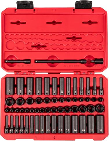 TEKTON 1/4 بوصة مجموعة مقابس الصدمات الضحلة والعميقة ذات 12 نقطة مع حافظة، 61 قطعة (5/32-11/16 بوصة، 4-17 ملم) | SID90406 in Kuwait
