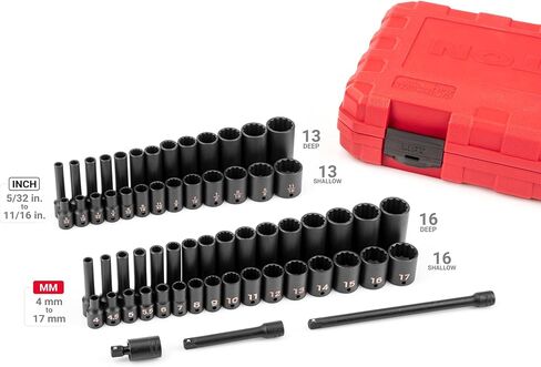 TEKTON 1/4 بوصة مجموعة مقابس الصدمات الضحلة والعميقة ذات 12 نقطة مع حافظة، 61 قطعة (5/32-11/16 بوصة، 4-17 ملم) | SID90406 in Kuwait