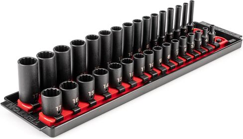 TEKTON 1/4 بوصة مجموعة مقابس الصدمات الضحلة والعميقة ذات 12 نقطة مع حافظة، 61 قطعة (5/32-11/16 بوصة، 4-17 ملم) | SID90406 in Kuwait