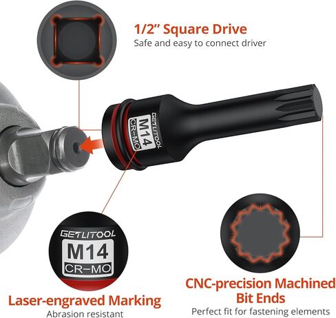 مجموعة مقابس GETLITOOL 6 قطع Impact XZN Bit، M14 M16 M18 1/2" Drive CR-MO مجموعة مقابس لقمة مربعة ثلاثية لإصلاح السيارات والميكانيكية، والصيانة الميكانيكية، وأدوات هدية للرجال in Kuwait
