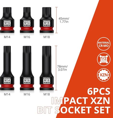مجموعة مقابس GETLITOOL 6 قطع Impact XZN Bit، M14 M16 M18 1/2" Drive CR-MO مجموعة مقابس لقمة مربعة ثلاثية لإصلاح السيارات والميكانيكية، والصيانة الميكانيكية، وأدوات هدية للرجال in Kuwait