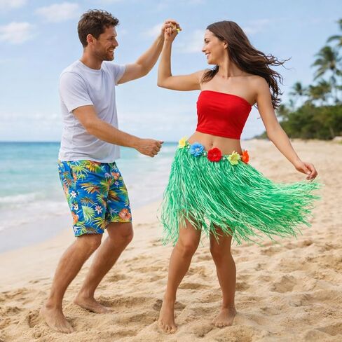 أزياء هاواي النسائية من كابودا - تنورة من العشب الأخضر مع مجموعة تنورة هاواي ذات زهور حمراء لفصل الصيف الاستوائي على الشاطئ لوا هولا، لوازم تزيين الملابس in Saudi Arabia